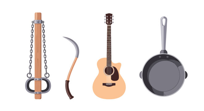 Realistic objects: guitar nunchaku sickle frying pan on white