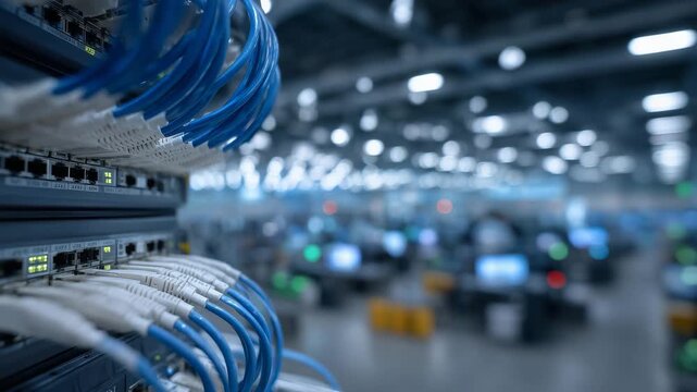 Macro close-up of network panel with multiple connected cables, virtual augmented reality overlays showing IP addresses and bandwidth metrics, defocused data center environment in