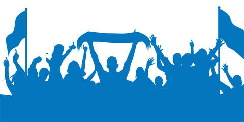 Blue silhouette of soccer fans cheering with flags and scarf  crowd of people celebrating sports victory for football match banner, stadium atmosphere, and championship event poster © Yaba Daba Duu