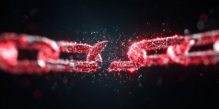 Broken glowing digital chain connected with red particles. Concept of network security, cybersecurity vulnerability and data breach in blockchain system. Abstract technology background.