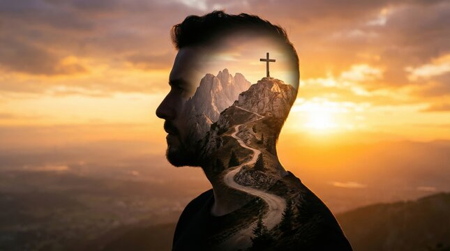 Man silhouette with double exposure of mountain, path and cross. Religion and faith concept with spiritual transformation. Christian background for Easter and spiritual meditation.