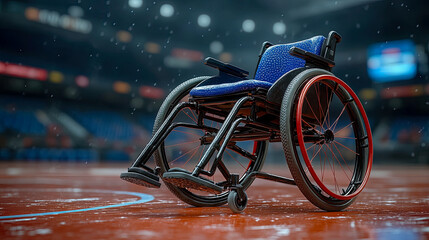 Fototapeta premium Sleek Blue Sports Wheelchair Rests on Wet Basketball Court Amidst Falling Rain, Evoking Spirit of Adaptive Sports and Unyielding Dedication