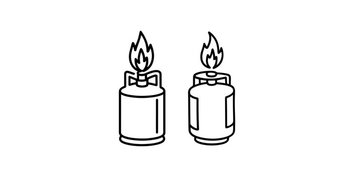 Gas cylinder tank icon set with burning flame showing propane fuel storage for industrial energy and domestic cooking heating equipment for outdoors