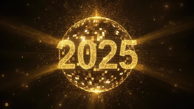 New Year's Eve celebration with gold sparkling ball and fireworks in background, symbolizing luxury and festivity