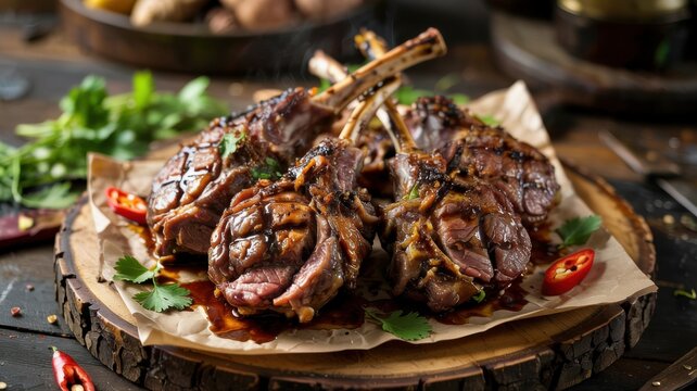 Indonesian cuisine. 
The dish of Indonesian cuisine is Iga Kambing Bakar, "grilled lamb ribs". This dish is appreciated for its smoky flavor and caramelized crust.