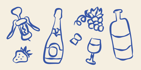 Wine naive doodle icon set hand drawn vector illustration