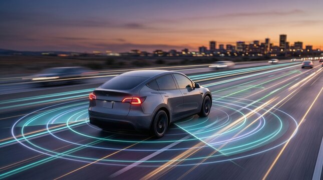 Electric car driving on highway with autonomous sensor interface visualization. Self driving vehicle with glowing radar waves at sunset. High speed travel with futuristic transport technology.