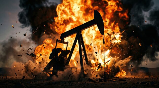 Oil pumpjack exploding in desert. Massive fire and industrial disaster. Destruction of energy infrastructure, resource crisis and environmental risk. Dramatic fuel sector accident concept.
