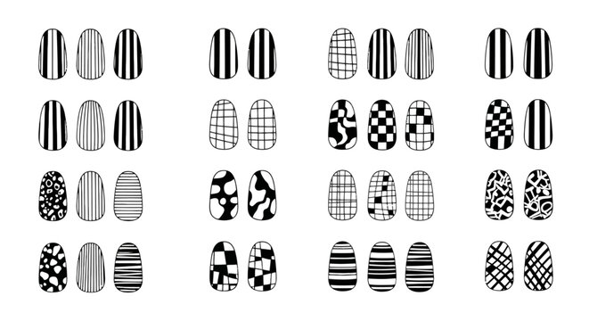Minimalist black and white nail art patterns, set of 32 geometric fingernail designs, hand drawn monochrome manicure stickers and decals vector