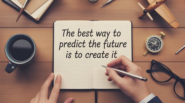 A top-down view of a person's hands holding a pen and notebook on a desk with office supplies and a motivational quote about predicting the future