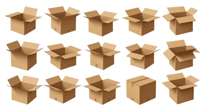 Realistic cardboard box set with 15 vector elements, brown corrugated paper delivery boxes in various angles, open and closed shipping parcels