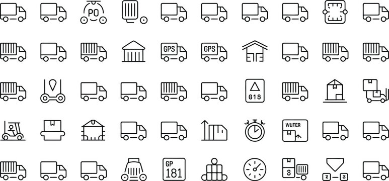 Transportation icons, vehicle symbols, logistics signs, delivery graphics, 40 truck and shipping icons set