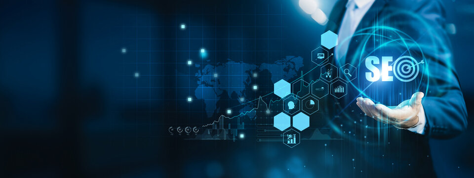 Digital marketer holding SEO analytics screen. Search engine optimization improves website visibility, traffic, and rankings on search engines.