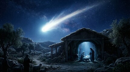 Obraz premium Nativity scene with woman, man and child in stable under starry sky with comet. Christmas celebration with holy family and sheep. Religious biblical story of birth of infant Jesus.