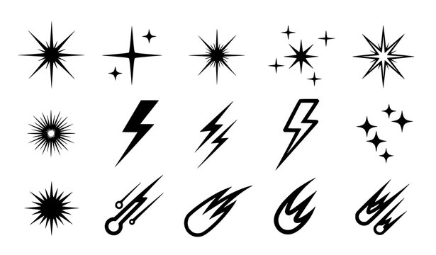 Cyber Y2K star icon set vector with sparkles flashes comets and retrofuturistic symbols isolated on white