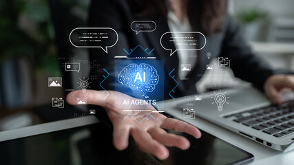 Fototapeta premium AI agents support prompt workflow, conversation and content generation, turning knowledge into actions with secure automation and measurable productivity for digital teams. Corpus