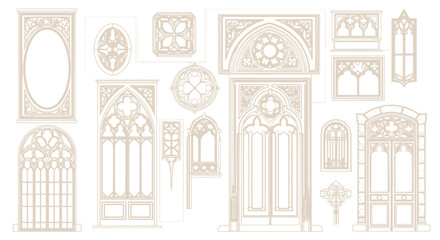Gothic architectural elements vector set, medieval cathedral window frames and ornate doors, beige vintage church arches and stone masonry details © FATEMA