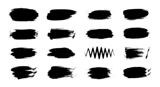 Black ink brush strokes set, 16 grunge paint smear vectors, hand drawn textured charcoal swatches, artistic calligraphy ink stains for graphic design