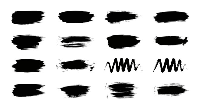Black ink brush strokes collection, set of 16 hand-drawn paint textures, grunge vector brush strokes for artistic design and calligraphy