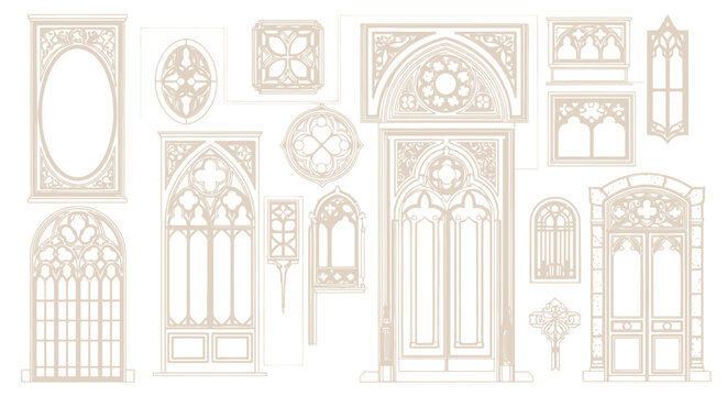 Gothic architectural elements vector set, medieval cathedral window frames and ornate doors, beige vintage church arches and stone masonry details