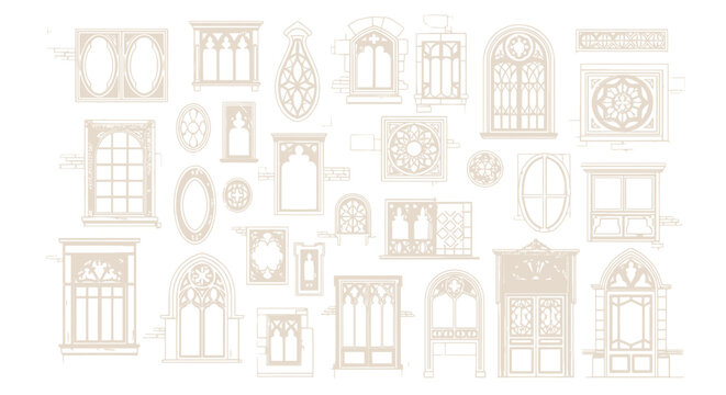 Gothic architectural window set, vintage cathedral window frames in beige line art, collection of 25 classic window elements for architectural design