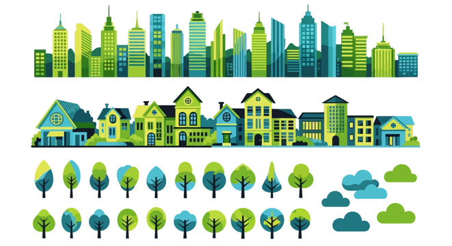 Eco-friendly city skyline and suburban neighborhood vector set, green urban landscape with modern skyscrapers, residential houses and forest trees