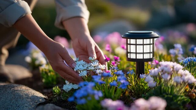 Medium close-up of hands gently positioning a small solar light among flowers, focus on reflective metal body of lamp, shallow depth of field blurring surrounding plants, bright sp