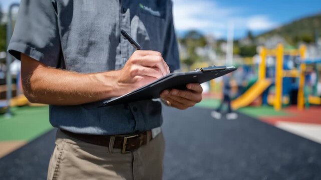 Medium shot focusing on inspector&rsquo;s hands using a clipboard and pen while examining playground border padding, rubber surface crisp in foreground, colorful play area softly out of