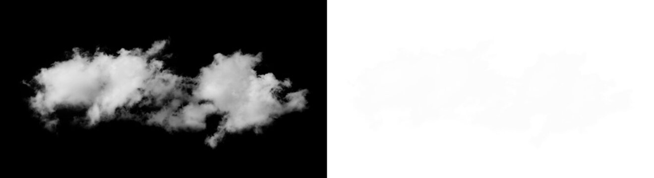 Isolated natural white cumulus cloud formation isolated against a solid black background for digital composite design on transparent background