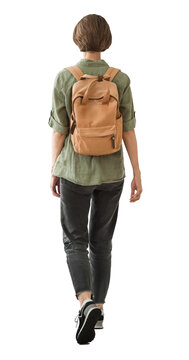 Full length back view of young woman walking isolated transparent PNG, student girl full body photo PNG with transparent background precisely cut out with clipping path, back view.