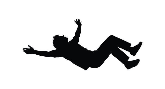 A dynamic depiction of a person falling backwards with arms outstretched captured in a striking black silhouette high quality professional detailed
