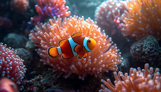 A vibrant orange clownfish happily peeks out from its protective anemone home on a colorful coral reef.