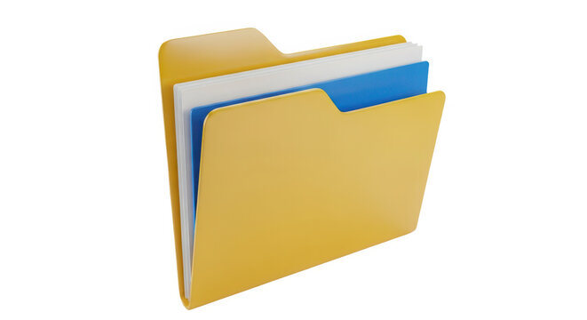 Yellow file folder with blue and white documents inside isolated on transparent background