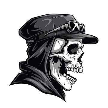 A detailed skull vector side profile wearing a flat cap and goggles, with a dark hooded cloak, conveying a gothic and edgy aesthetic