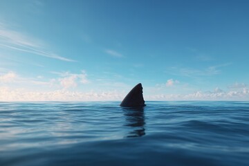 Naklejka premium shark fin on surface of ocean agains blue cloudy sky