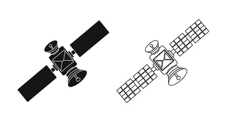 Two depictions of a satellite in black and white line art © Momtaj