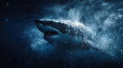 Fototapeta premium Great white shark swimming with many air bubbles underwater in the deep blue ocean