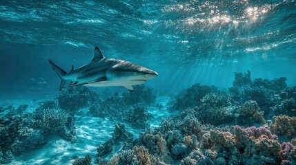 Naklejka premium Great white shark swimming in deep blue ocean water