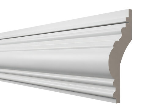 Decorative white crown molding profile for interior design, isolated on transparent background