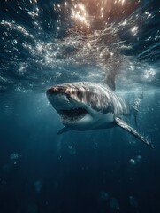Fototapeta premium A powerful great white shark gracefully swims in a clear ocean, sunlight filtering from above. The mood is one of awe and wonder, showcasing