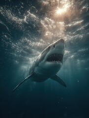 Fototapeta premium A powerful great white shark gracefully swims in a clear ocean, sunlight filtering from above. The mood is one of awe and wonder, showcasing