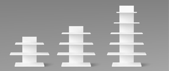 White book shelf, retail display stand mockup for supermarket products, 3d realistic vector illustrations. Empty wooden shelf rack for point-of-sale advertising, store gondola template isolated on bg © klyaksun