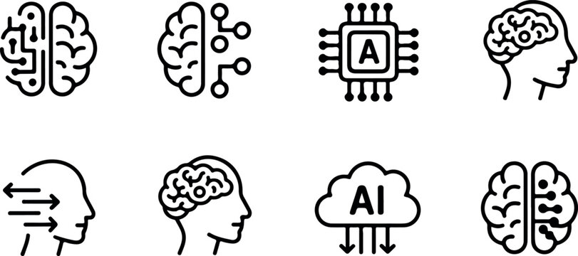 Artificial intelligence and neural network icons set featuring digital brain human head and cloud computing.