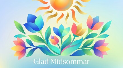 Obraz premium A gradient mesh illustration with smooth color transitions forming abstract midsummer flowers and sun shapes, futuristic Scandinavian aesthetic, sleek Swedish lettering “Glad Midsommar”