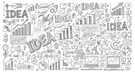 Naklejka premium Hand drawn doodle background with business idea elements, rocket, charts, laptops, and strategy concept.