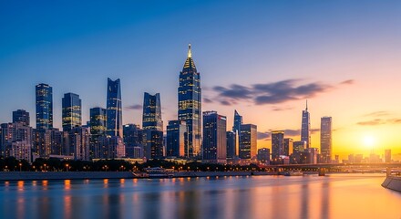 Obraz premium Panoramic cityscape at sunset with skyscrapers and waterfront reflecting vibrant colors of twilight sky and illuminated buildings