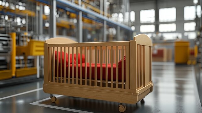 Production of baby cribs in a modern factory, showcasing automated manufacturing processes, equipment, and quality control within a contemporary industrial environment