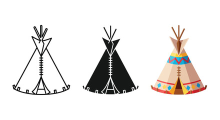 Three depictions of a teepee outline solid and colorful versions © Momtaj