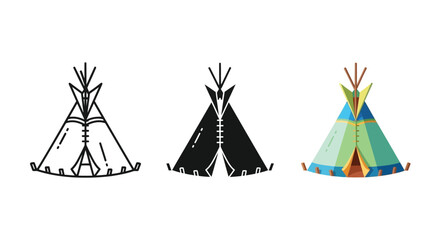 Three depictions of a teepee outline solid and colored versions © Momtaj