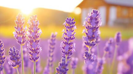 Fototapeta premium Purple lavender flowers blooming in a field at sunset. Backlit flora with blurred wooden house in background